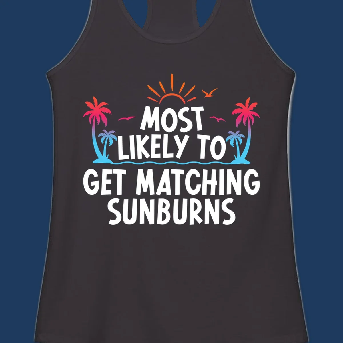 Tropical beach scene with bright sun, palm trees, and waves illustrating a matching sunburns cruise design concept