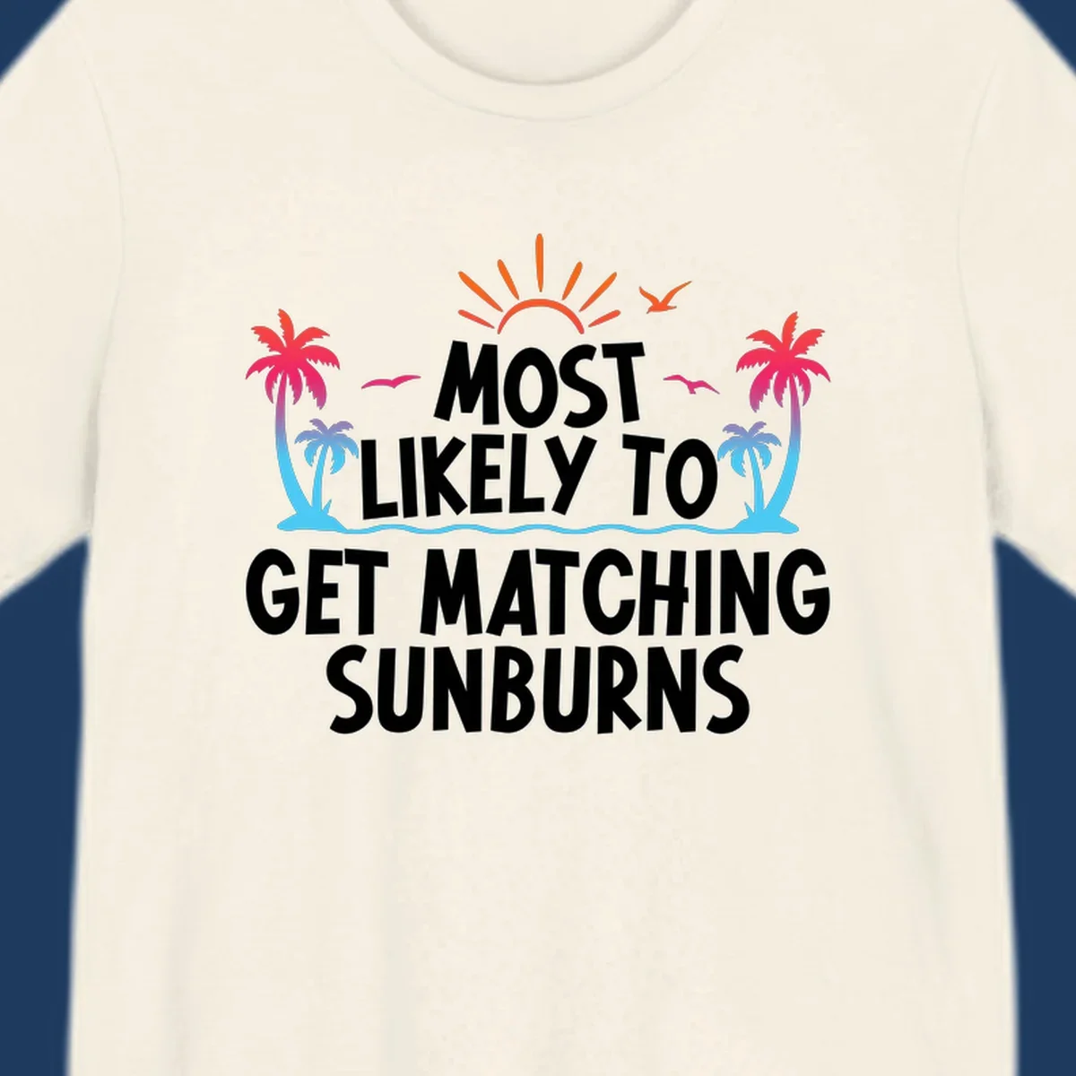 Tropical beach scene with bright sun, palm trees, and waves illustrating a matching sunburns cruise design concept