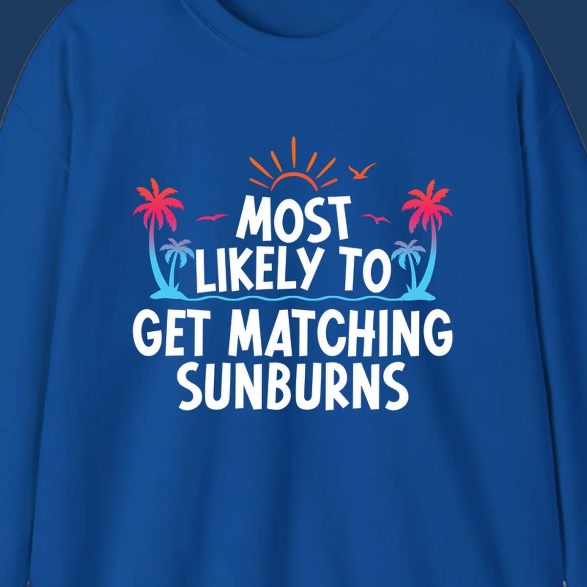 Tropical beach scene with bright sun, palm trees, and waves illustrating a matching sunburns cruise design concept
