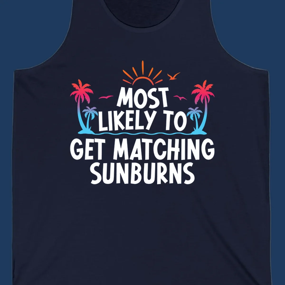 Tropical beach scene with bright sun, palm trees, and waves illustrating a matching sunburns cruise design concept