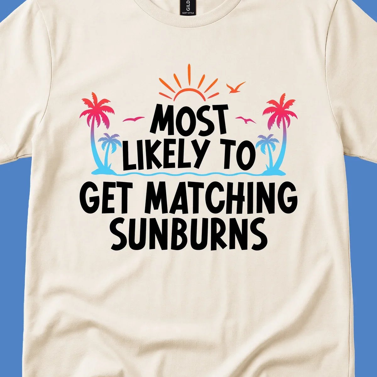 Tropical beach scene with bright sun, palm trees, and waves illustrating a matching sunburns cruise design concept