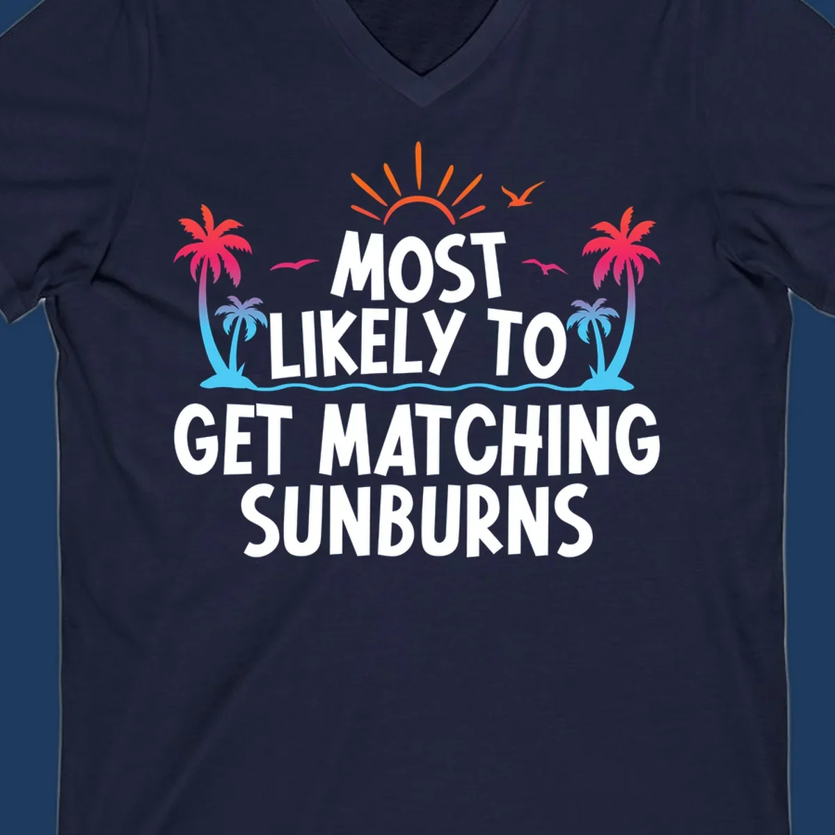 Tropical beach scene with bright sun, palm trees, and waves illustrating a matching sunburns cruise design concept