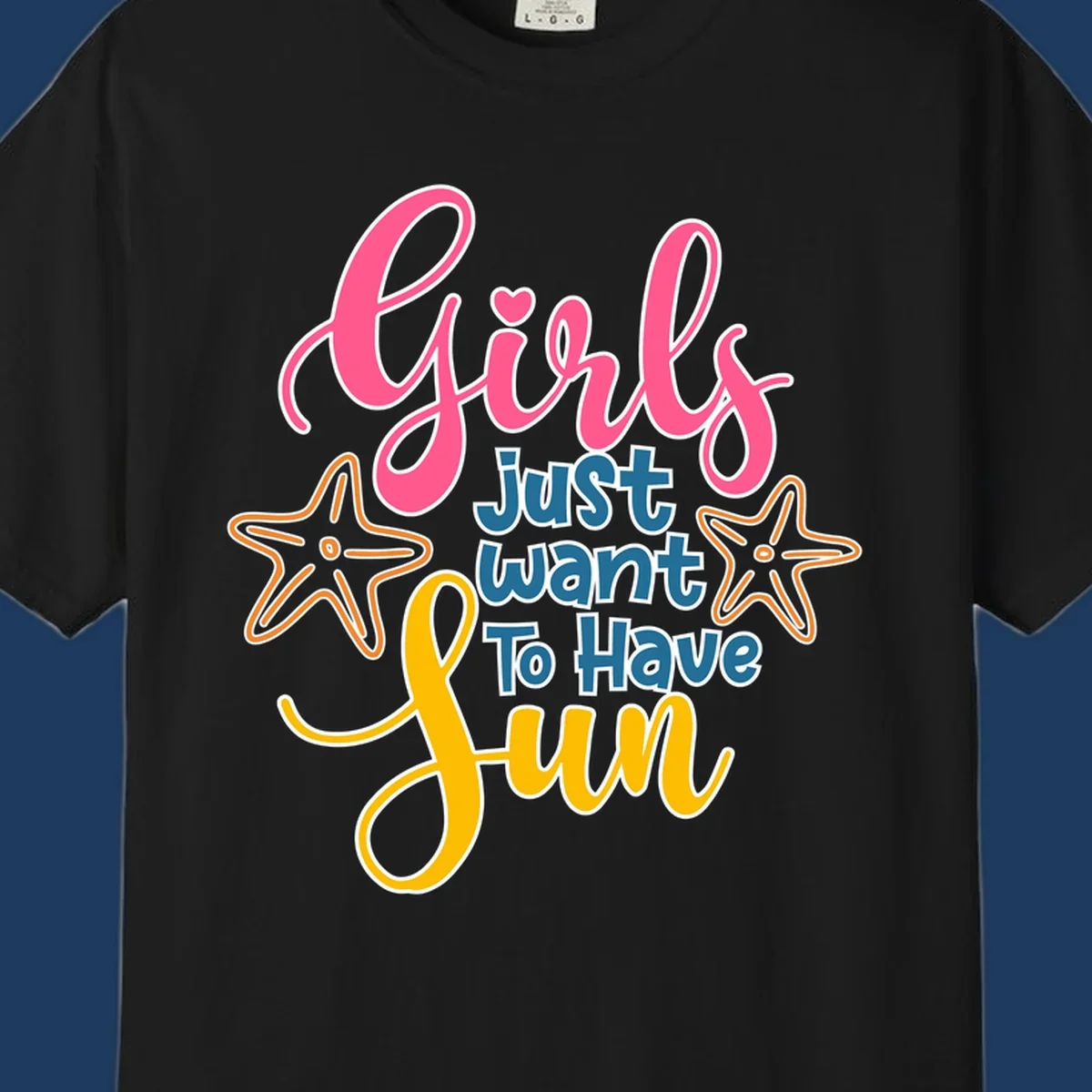 Colorful girls just want to have fun cruise design with pink script, blue text, starfish graphics, and heart symbol on gray background