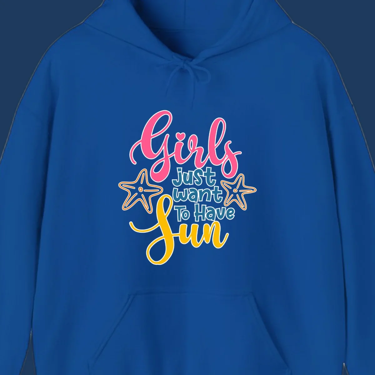Colorful girls just want to have fun cruise design with pink script, blue text, starfish graphics, and heart symbol on gray background