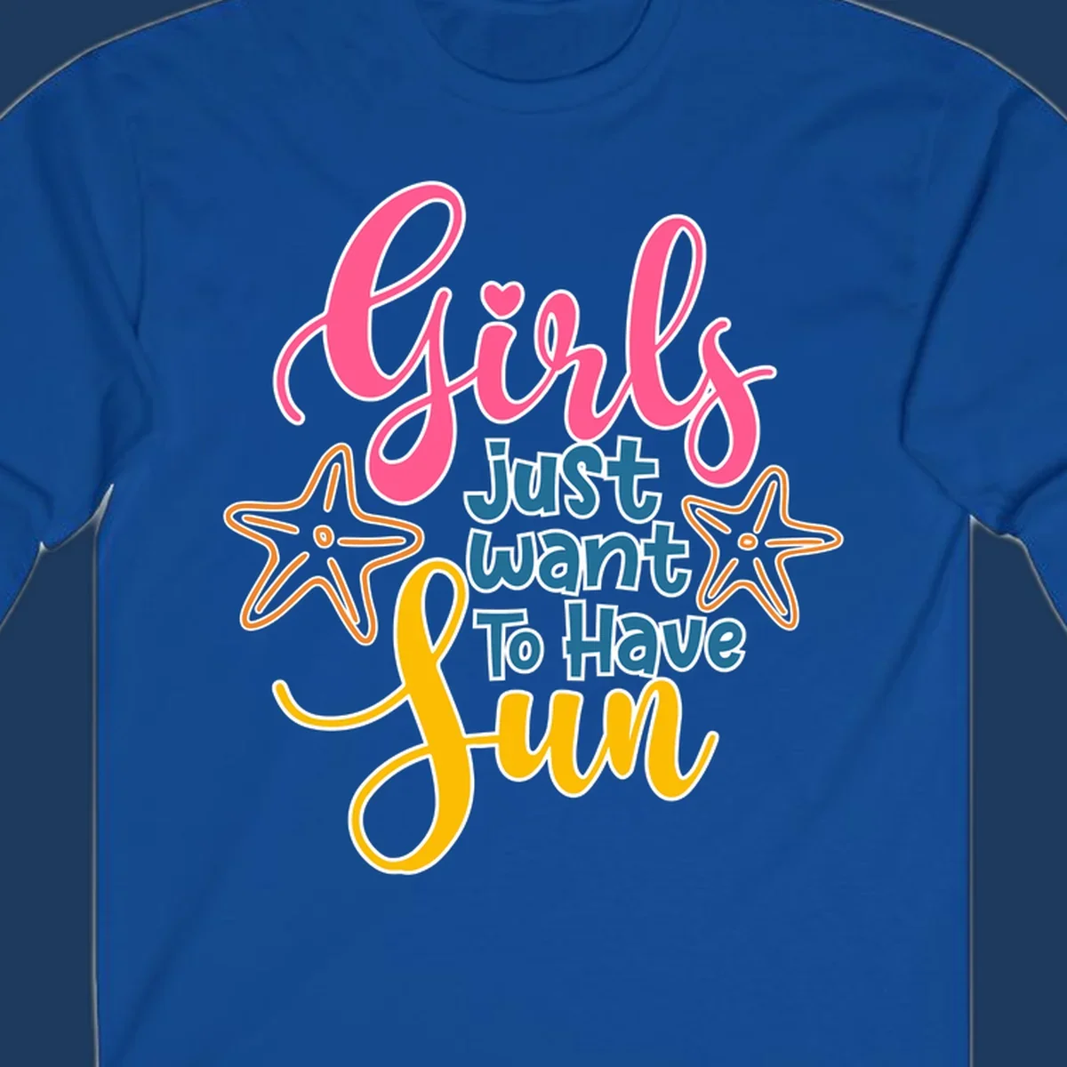 Colorful girls just want to have fun cruise design with pink script, blue text, starfish graphics, and heart symbol on gray background