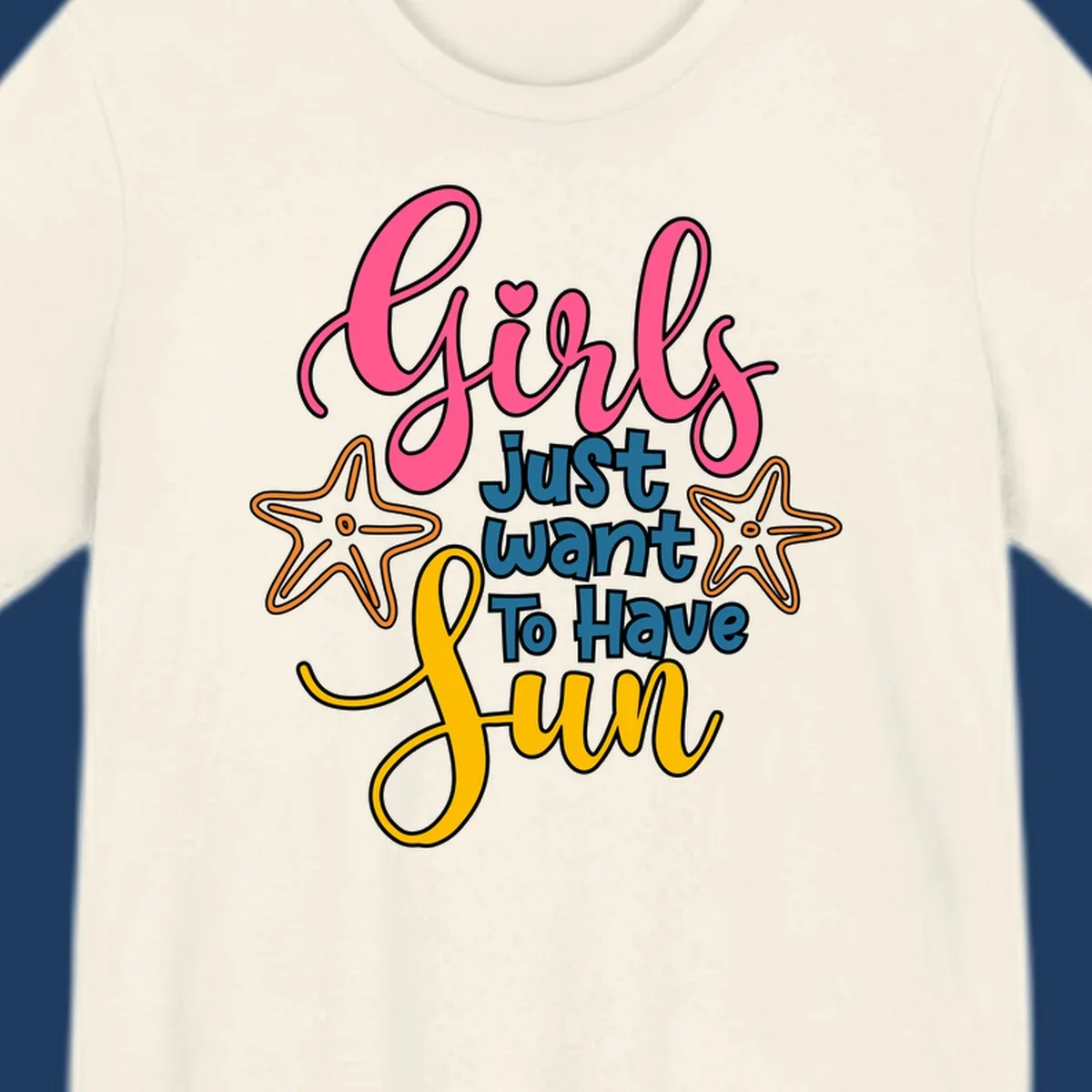 Colorful girls just want to have fun cruise design with pink script, blue text, starfish graphics, and heart symbol on gray background
