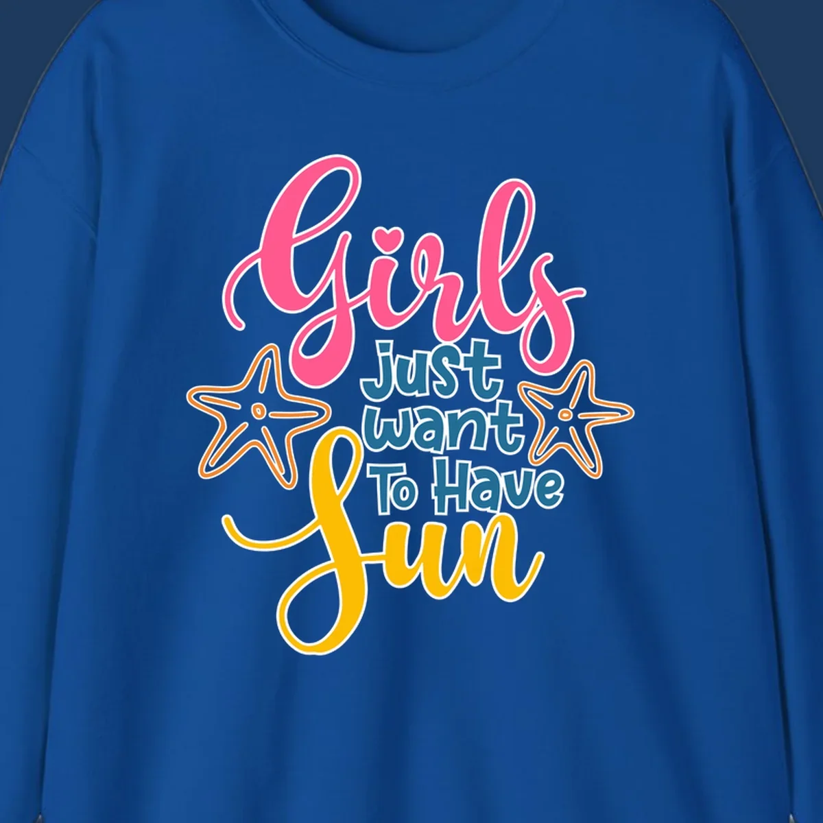 Colorful girls just want to have fun cruise design with pink script, blue text, starfish graphics, and heart symbol on gray background