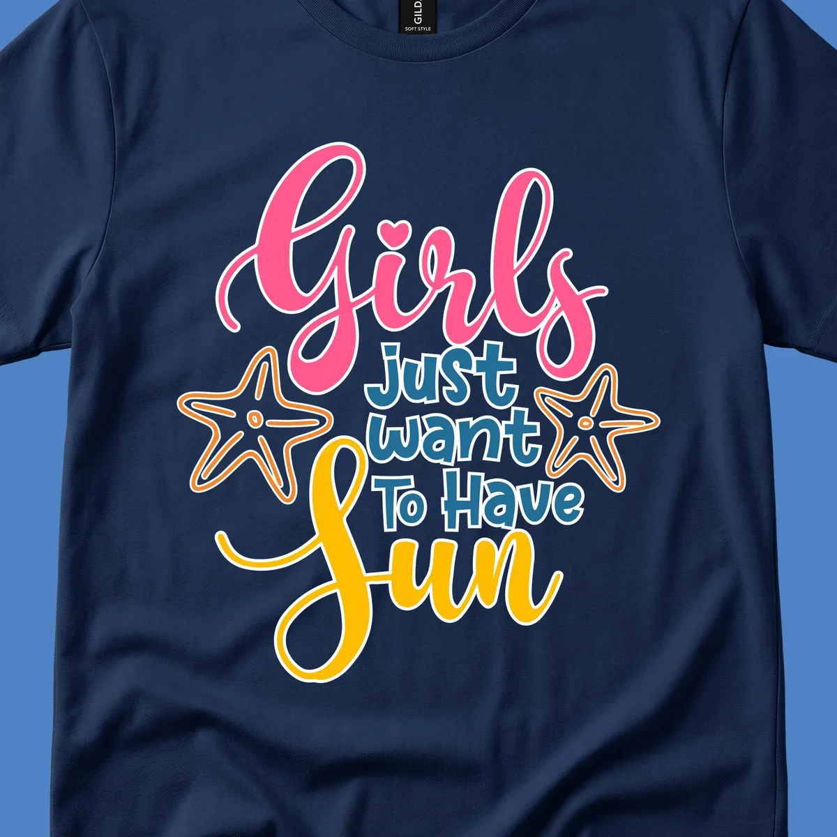 Colorful girls just want to have fun cruise design with pink script, blue text, starfish graphics, and heart symbol on gray background