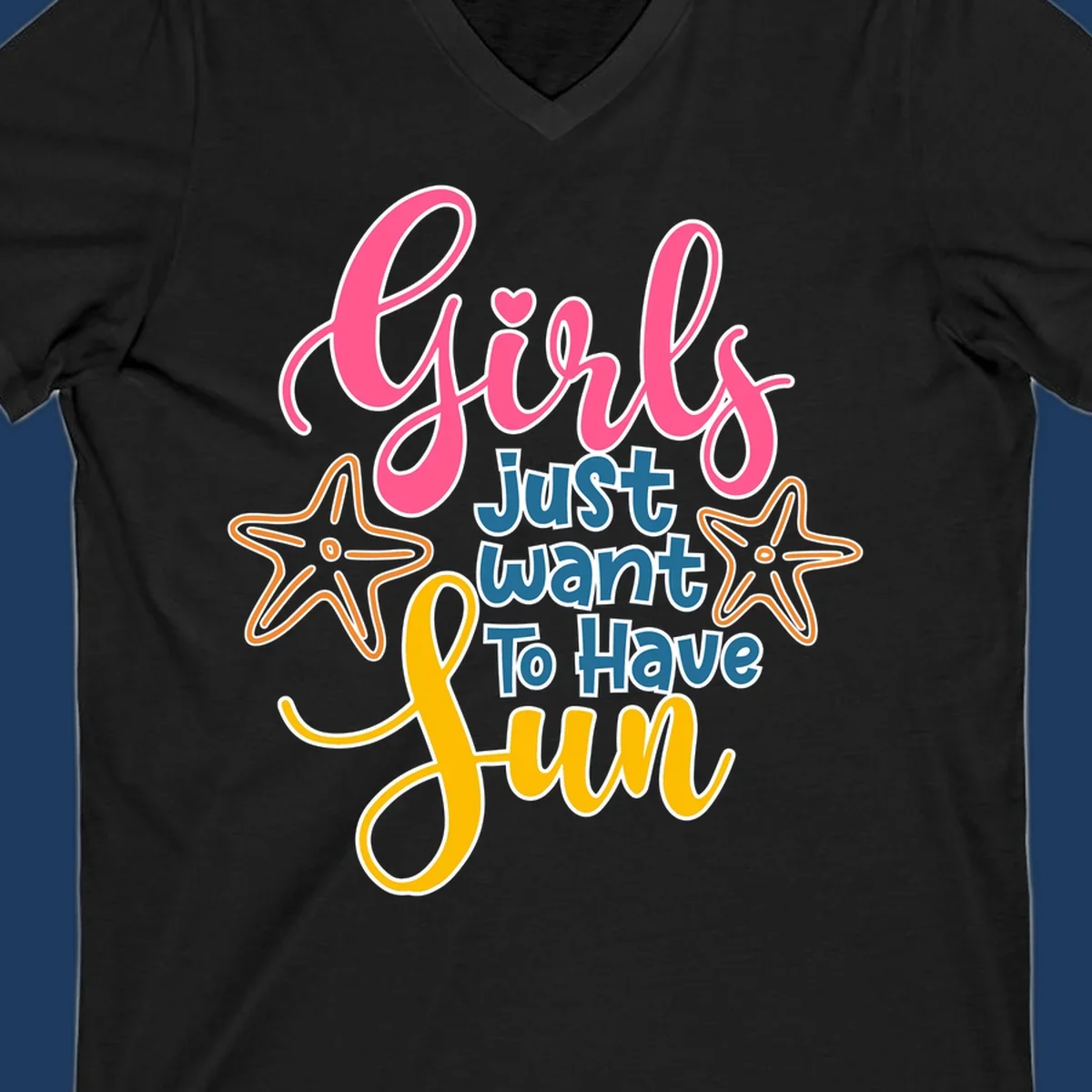 Colorful girls just want to have fun cruise design with pink script, blue text, starfish graphics, and heart symbol on gray background