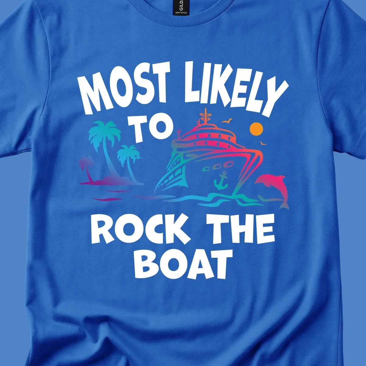 Colorful cruise ship with palm trees and ocean waves illustration with text 'Most Likely to Rock the Boat'