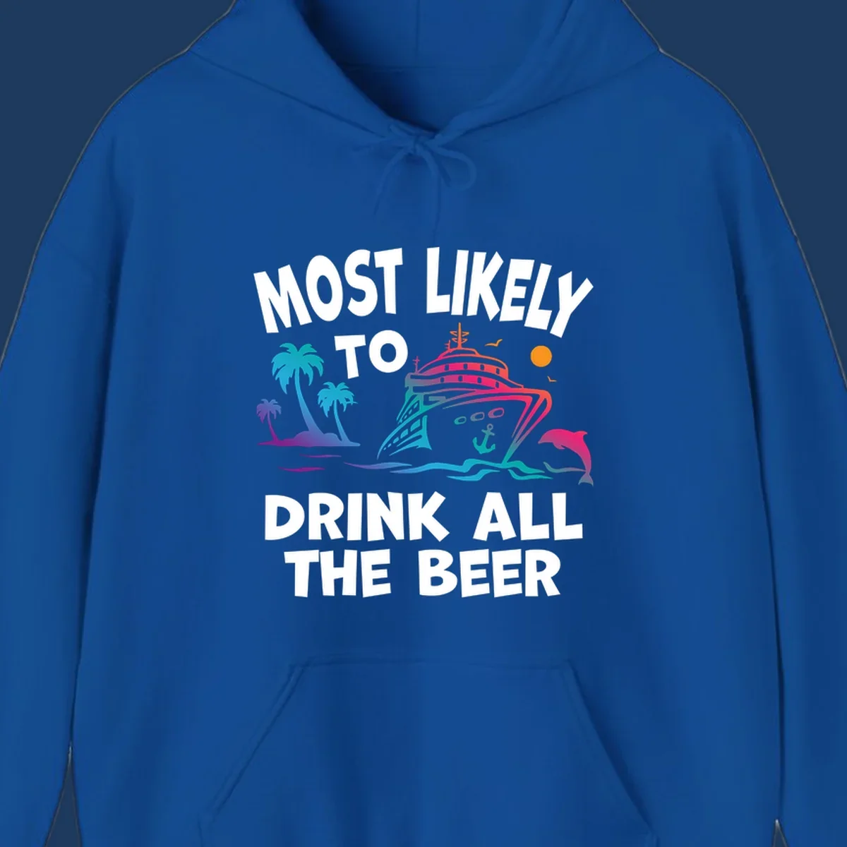 Colorful cruise ship with tropical palms and ocean waves design featuring text 'Most Likely To Drink All The Beer'