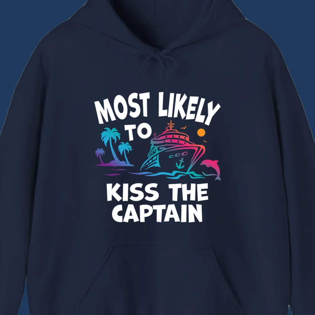 Kiss the captain cruise design with colorful ship, palm trees, dolphin, and ocean waves on gray background