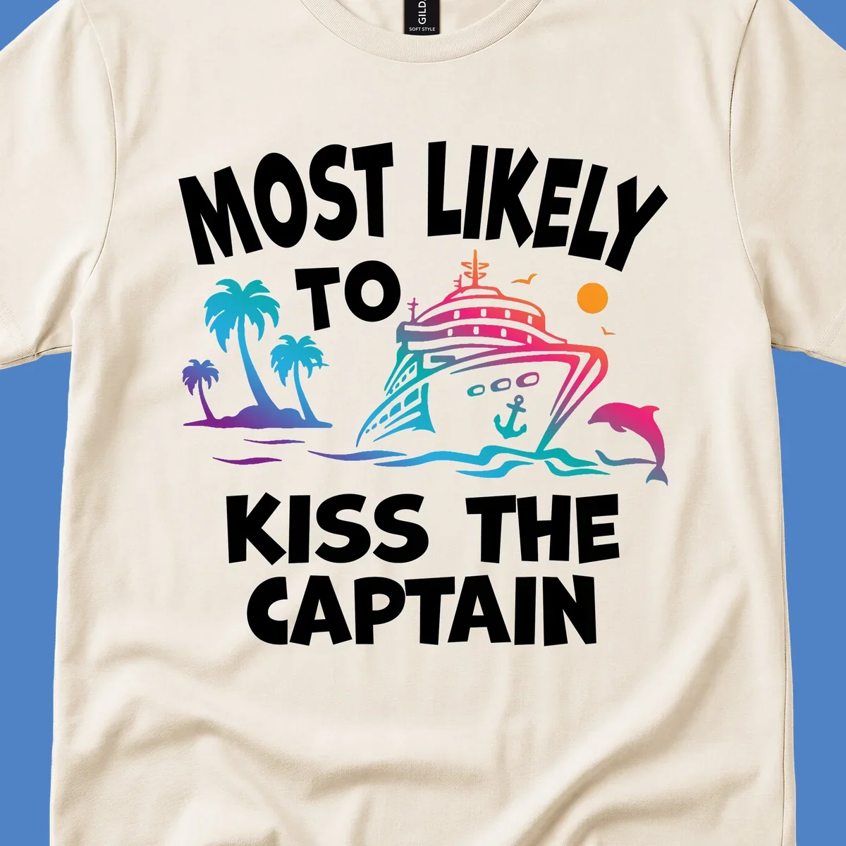Kiss the captain cruise design with colorful ship, palm trees, dolphin, and ocean waves on gray background