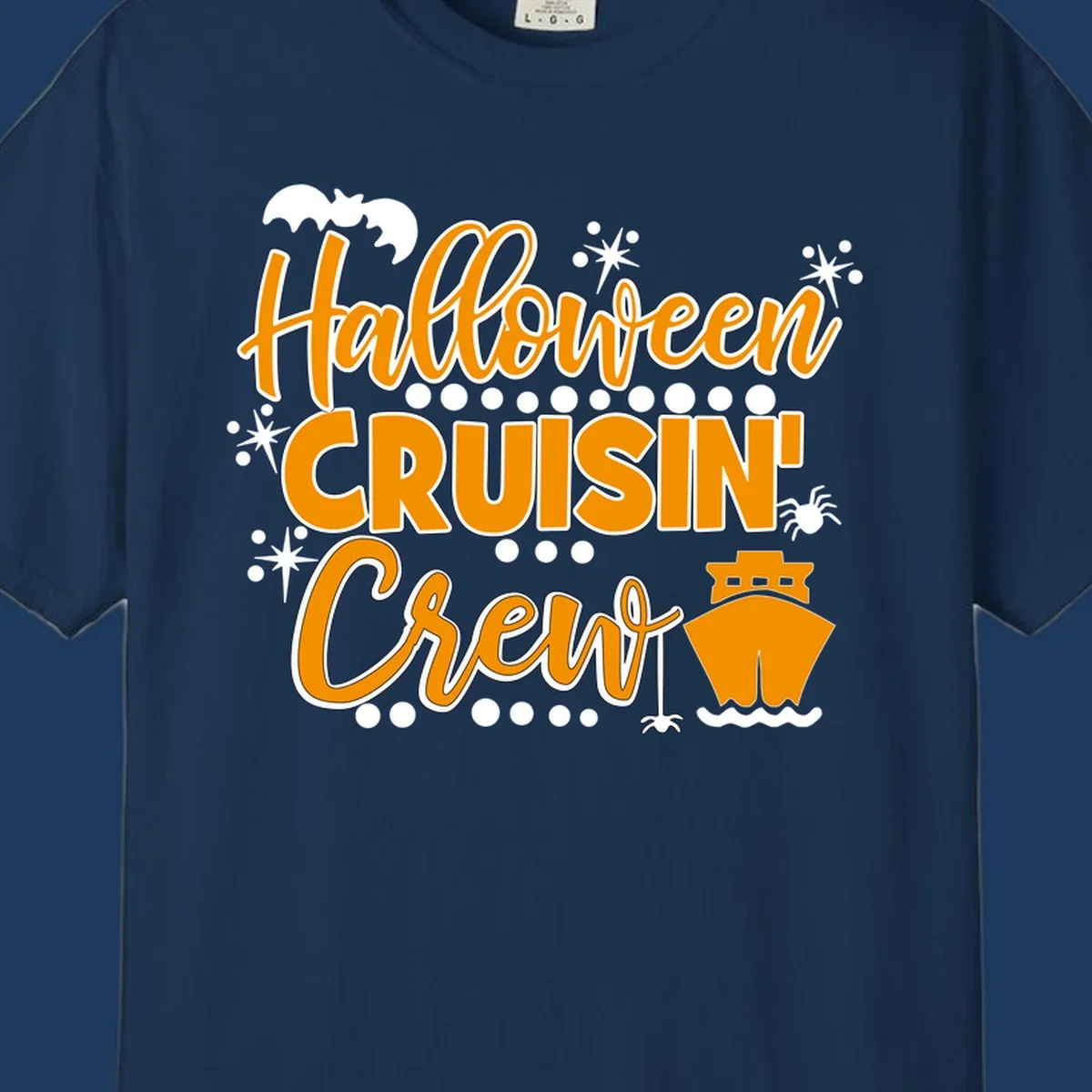 Orange and white Halloween Cruisin' Crew text with bat, cruise ship, and sparkle graphics on gray background