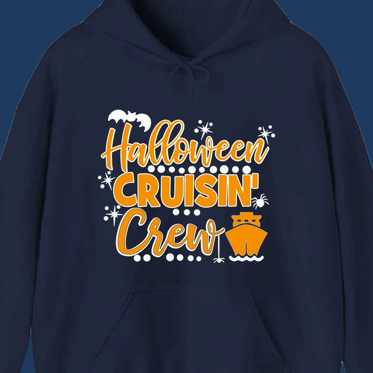 Orange and white Halloween Cruisin' Crew text with bat, cruise ship, and sparkle graphics on gray background