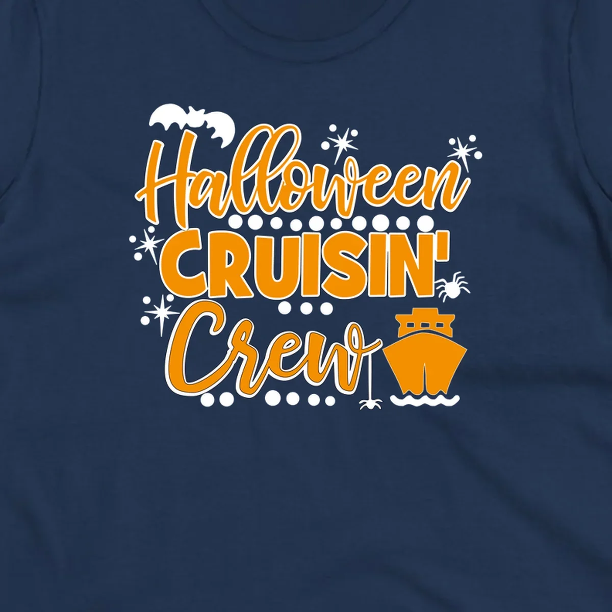 Orange and white Halloween Cruisin' Crew text with bat, cruise ship, and sparkle graphics on gray background