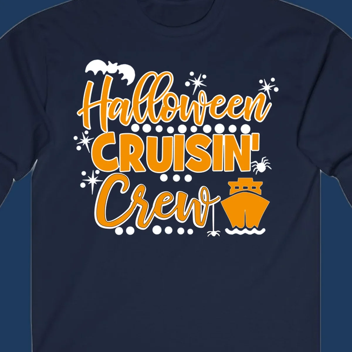 Orange and white Halloween Cruisin' Crew text with bat, cruise ship, and sparkle graphics on gray background