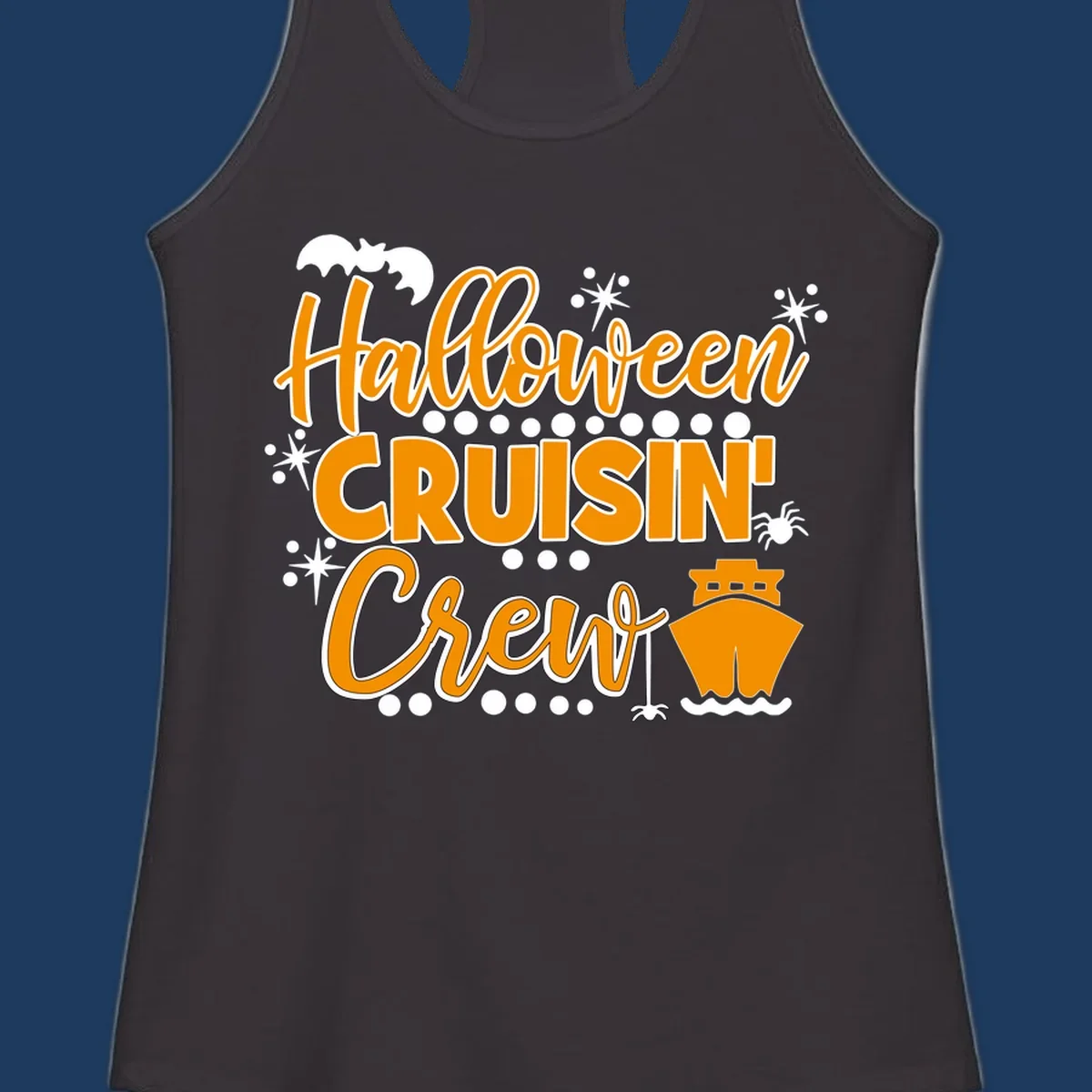 Orange and white Halloween Cruisin' Crew text with bat, cruise ship, and sparkle graphics on gray background