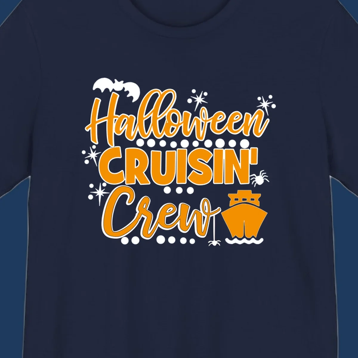 Orange and white Halloween Cruisin' Crew text with bat, cruise ship, and sparkle graphics on gray background