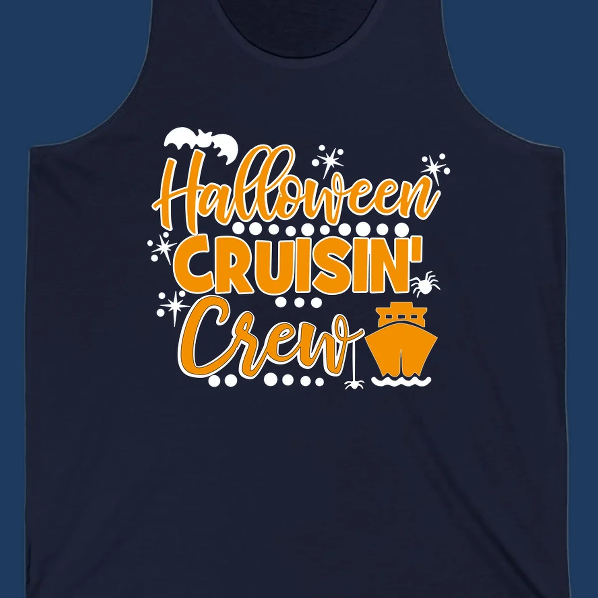 Orange and white Halloween Cruisin' Crew text with bat, cruise ship, and sparkle graphics on gray background