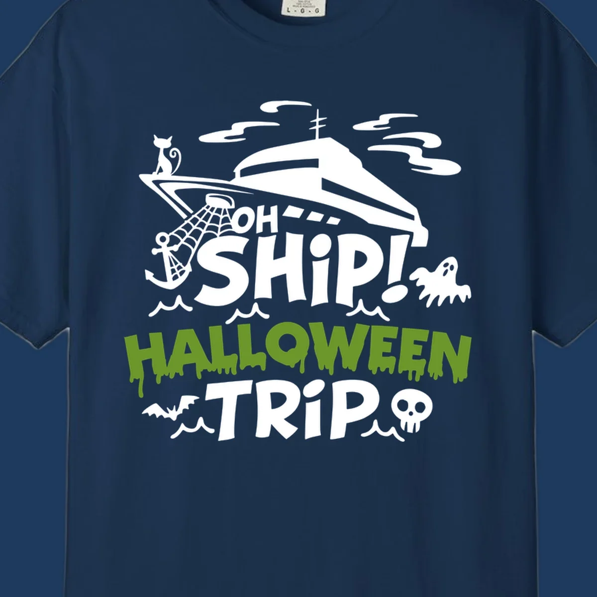 Oh Ship Halloween Trip design featuring a luxury yacht surrounded by Halloween icons including ghost, bat, skull, anchor with web, and ocean waves on gray background