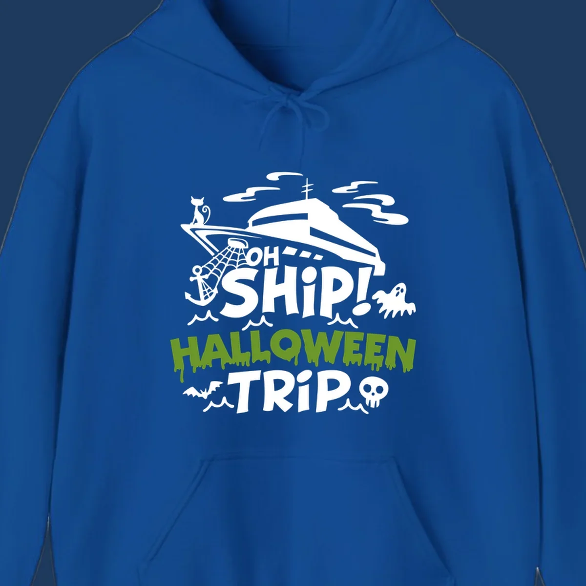 Oh Ship Halloween Trip design featuring a luxury yacht surrounded by Halloween icons including ghost, bat, skull, anchor with web, and ocean waves on gray background