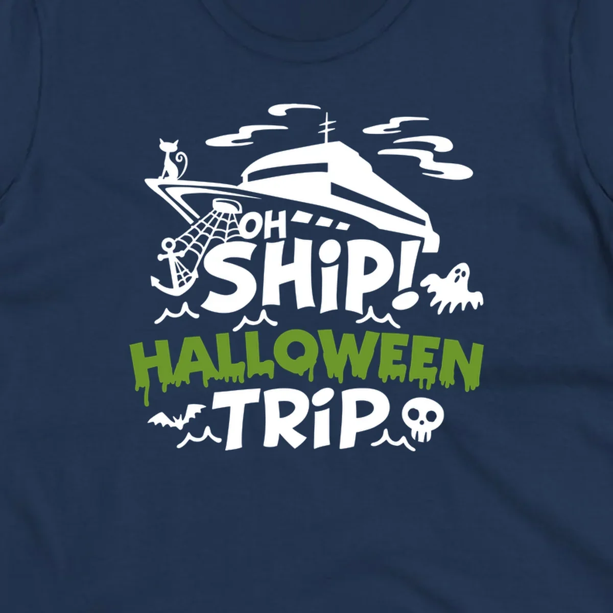 Oh Ship Halloween Trip design featuring a luxury yacht surrounded by Halloween icons including ghost, bat, skull, anchor with web, and ocean waves on gray background