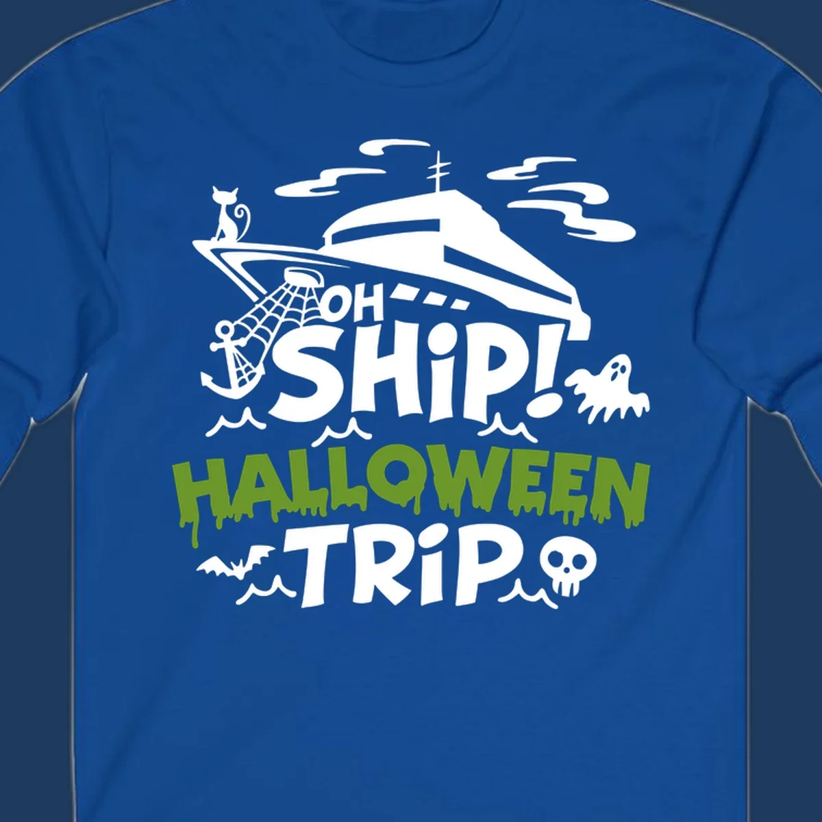 Oh Ship Halloween Trip design featuring a luxury yacht surrounded by Halloween icons including ghost, bat, skull, anchor with web, and ocean waves on gray background