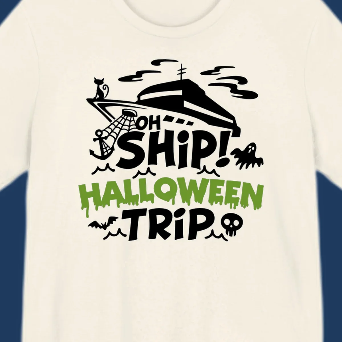 Oh Ship Halloween Trip design featuring a luxury yacht surrounded by Halloween icons including ghost, bat, skull, anchor with web, and ocean waves on gray background