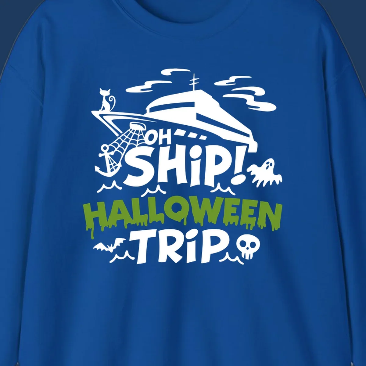 Oh Ship Halloween Trip design featuring a luxury yacht surrounded by Halloween icons including ghost, bat, skull, anchor with web, and ocean waves on gray background