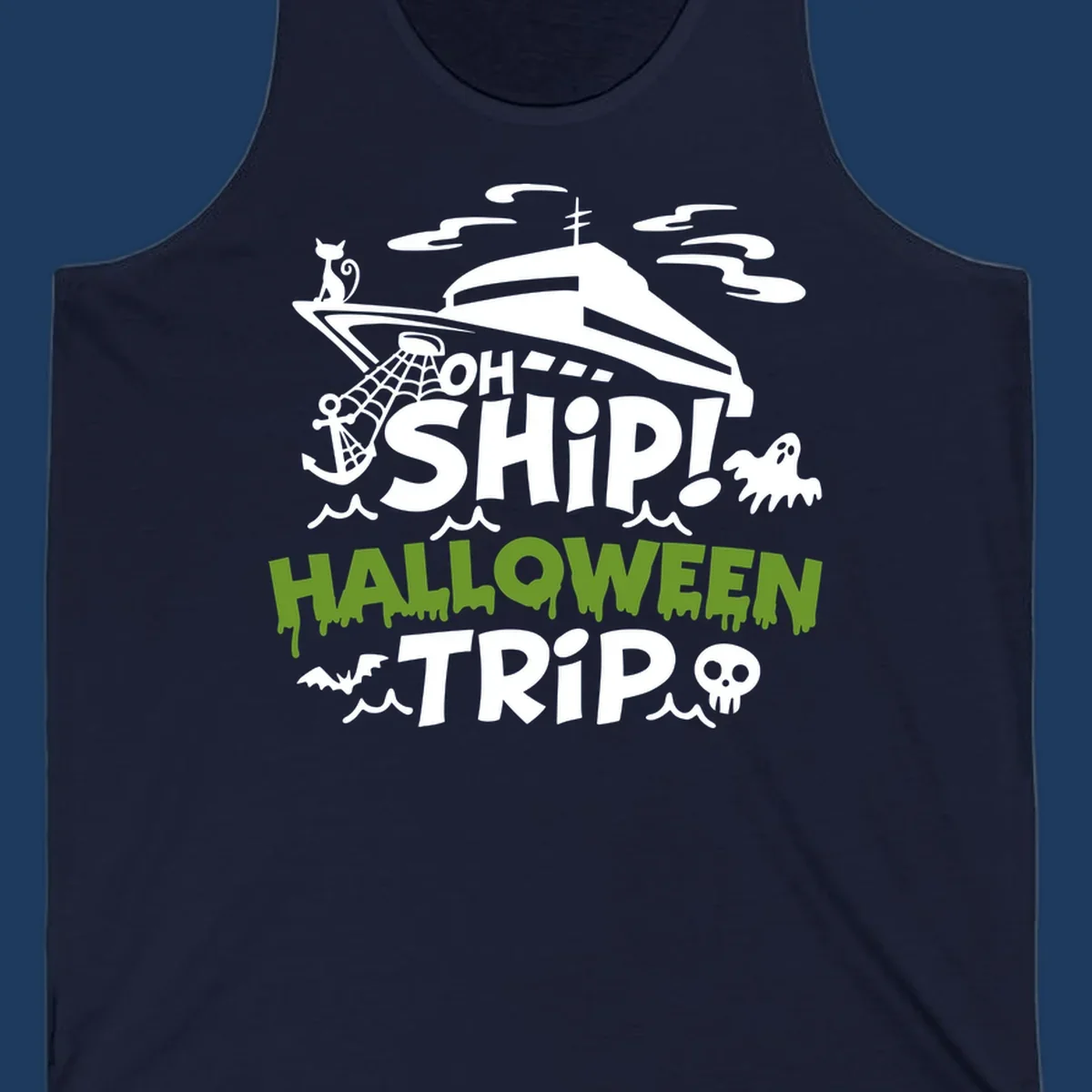 Oh Ship Halloween Trip design featuring a luxury yacht surrounded by Halloween icons including ghost, bat, skull, anchor with web, and ocean waves on gray background