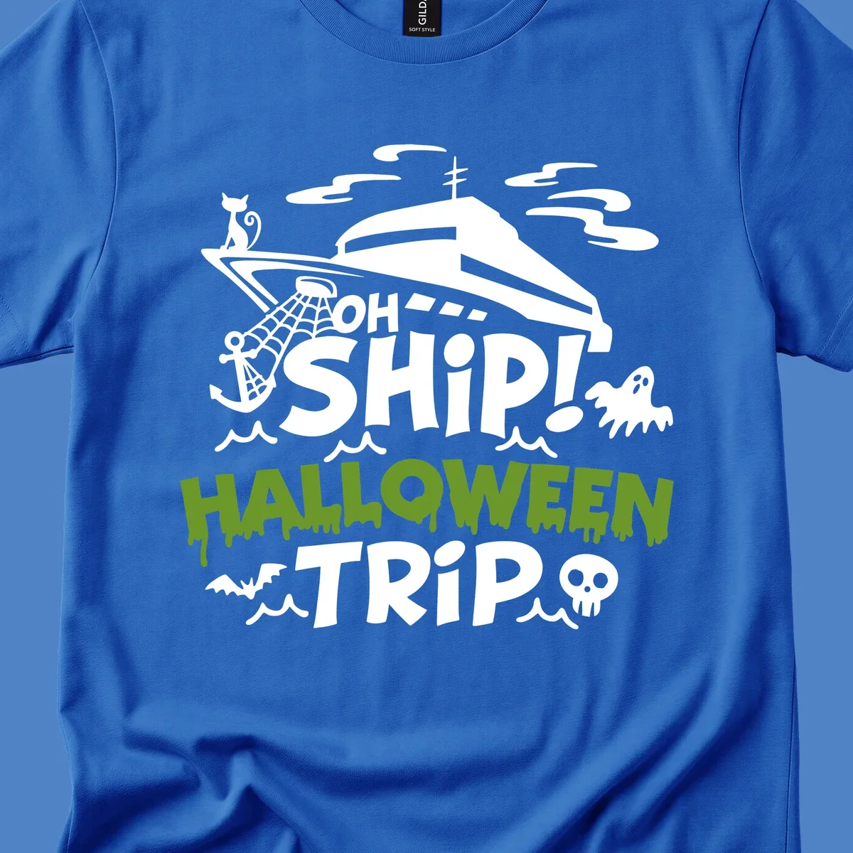 Oh Ship Halloween Trip design featuring a luxury yacht surrounded by Halloween icons including ghost, bat, skull, anchor with web, and ocean waves on gray background