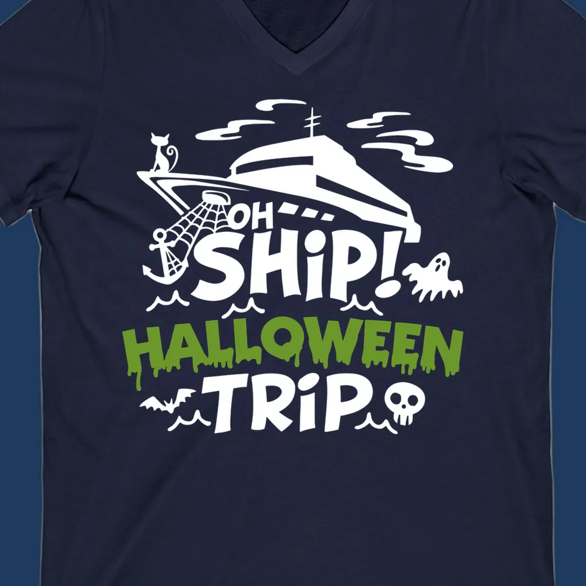 Oh Ship Halloween Trip design featuring a luxury yacht surrounded by Halloween icons including ghost, bat, skull, anchor with web, and ocean waves on gray background