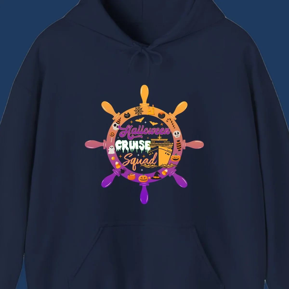 Halloween cruise squad ship wheel design with jack-o-lanterns, ghosts, witches hats, and cruise ship illustration in orange and purple
