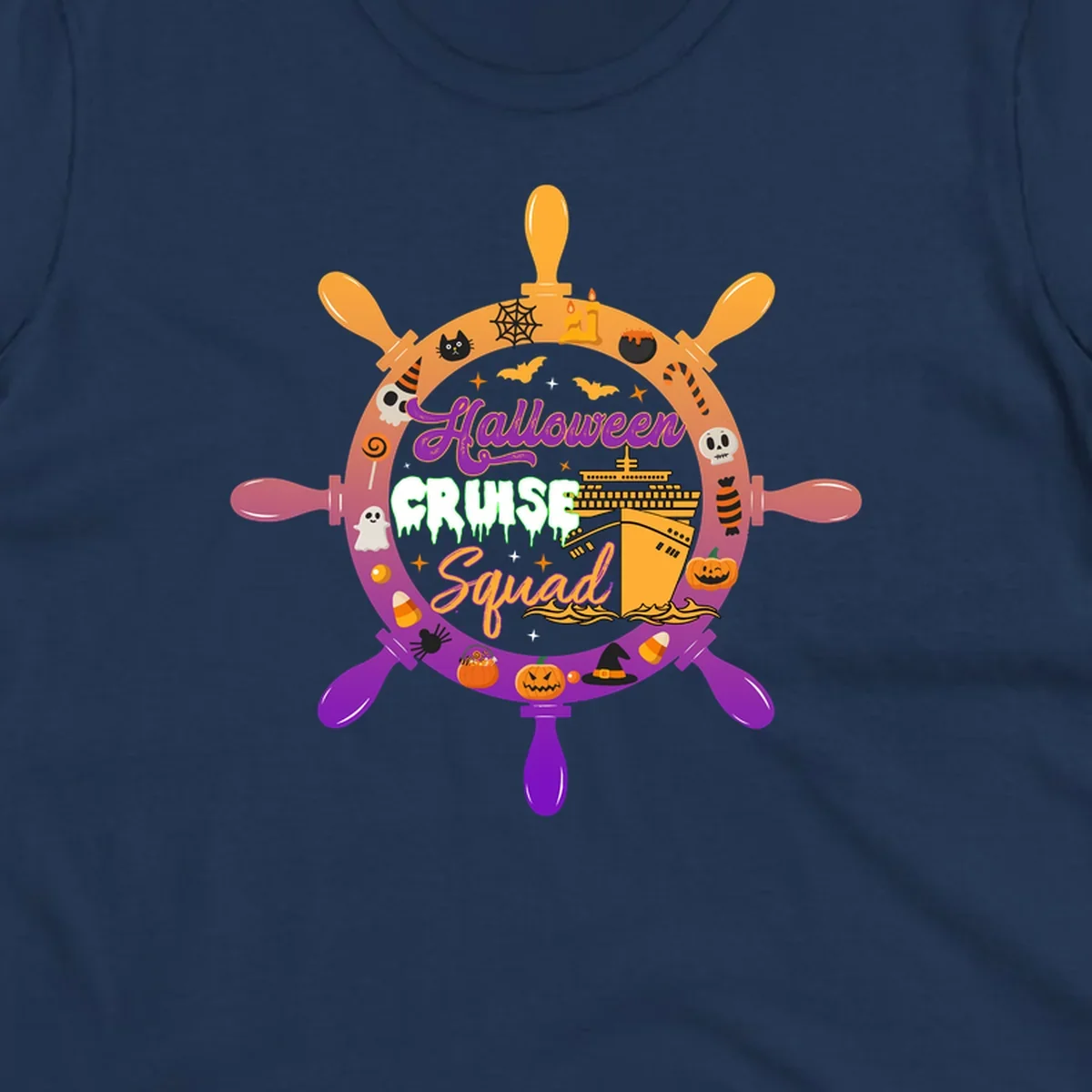 Halloween cruise squad ship wheel design with jack-o-lanterns, ghosts, witches hats, and cruise ship illustration in orange and purple