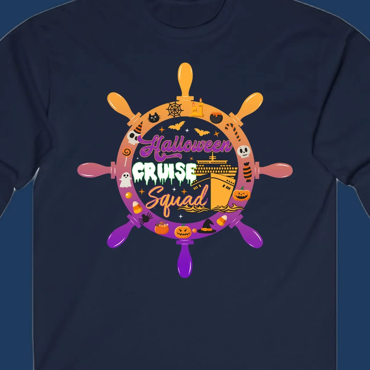 Halloween cruise squad ship wheel design with jack-o-lanterns, ghosts, witches hats, and cruise ship illustration in orange and purple