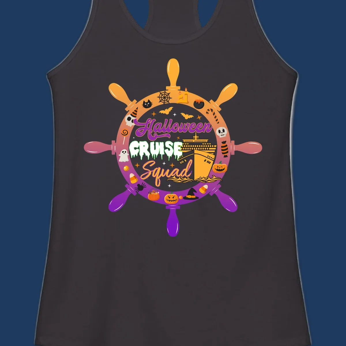 Halloween cruise squad ship wheel design with jack-o-lanterns, ghosts, witches hats, and cruise ship illustration in orange and purple