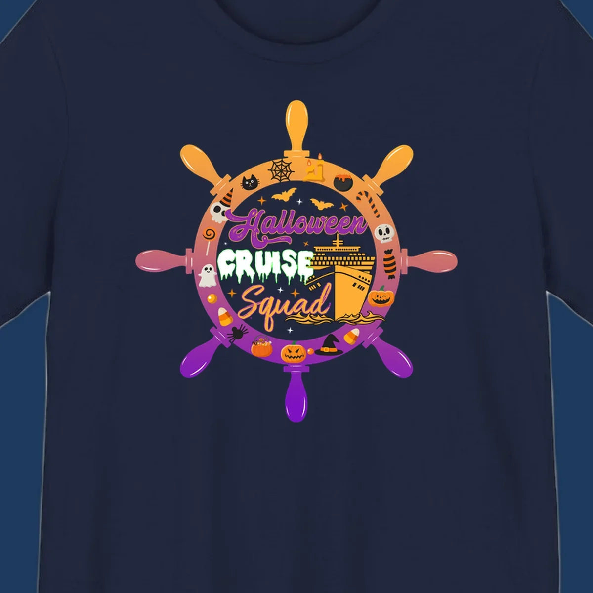 Halloween cruise squad ship wheel design with jack-o-lanterns, ghosts, witches hats, and cruise ship illustration in orange and purple