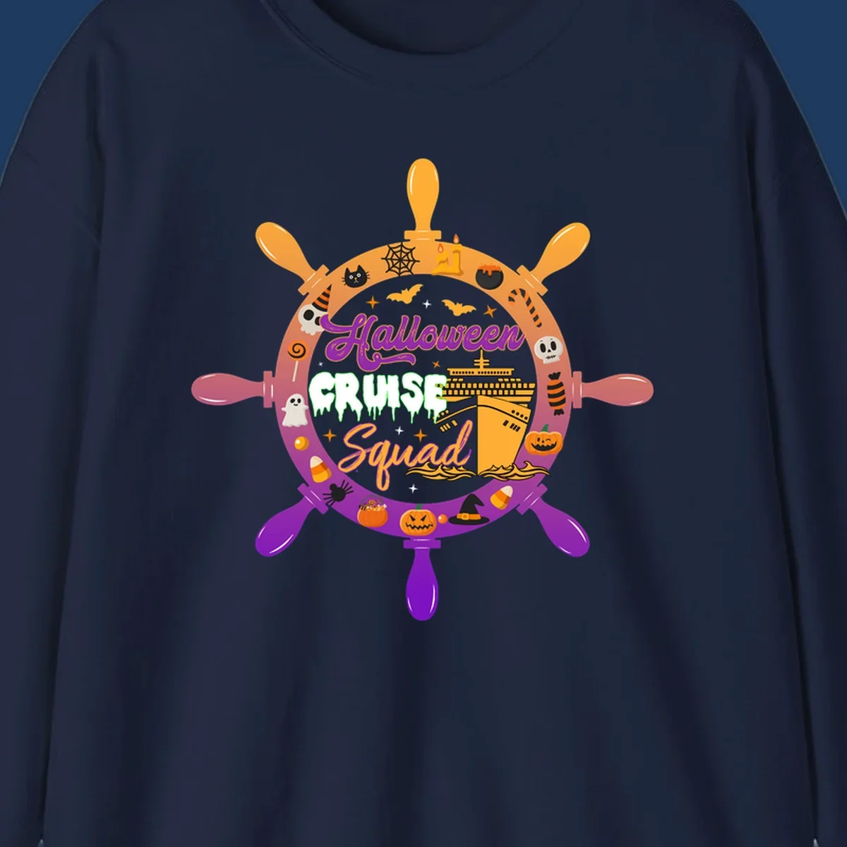 Halloween cruise squad ship wheel design with jack-o-lanterns, ghosts, witches hats, and cruise ship illustration in orange and purple