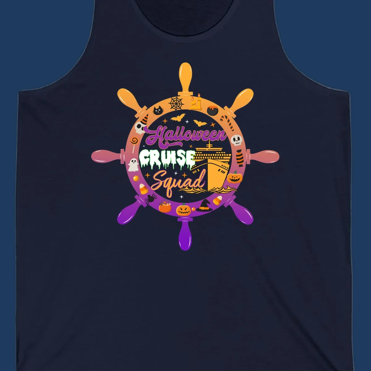 Halloween cruise squad ship wheel design with jack-o-lanterns, ghosts, witches hats, and cruise ship illustration in orange and purple