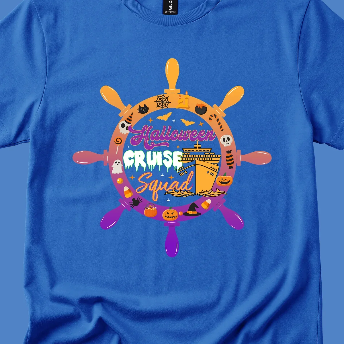 Halloween cruise squad ship wheel design with jack-o-lanterns, ghosts, witches hats, and cruise ship illustration in orange and purple