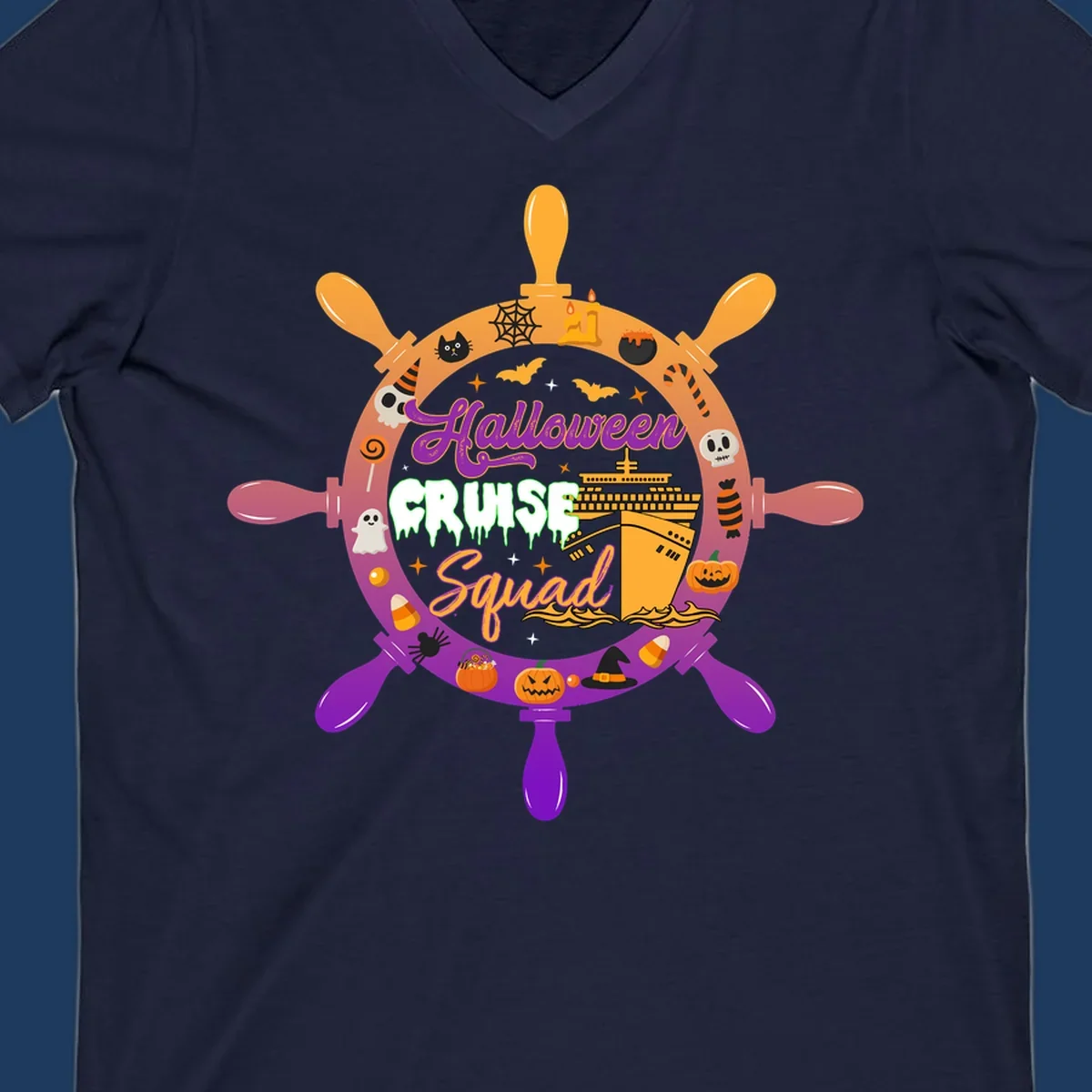 Halloween cruise squad ship wheel design with jack-o-lanterns, ghosts, witches hats, and cruise ship illustration in orange and purple