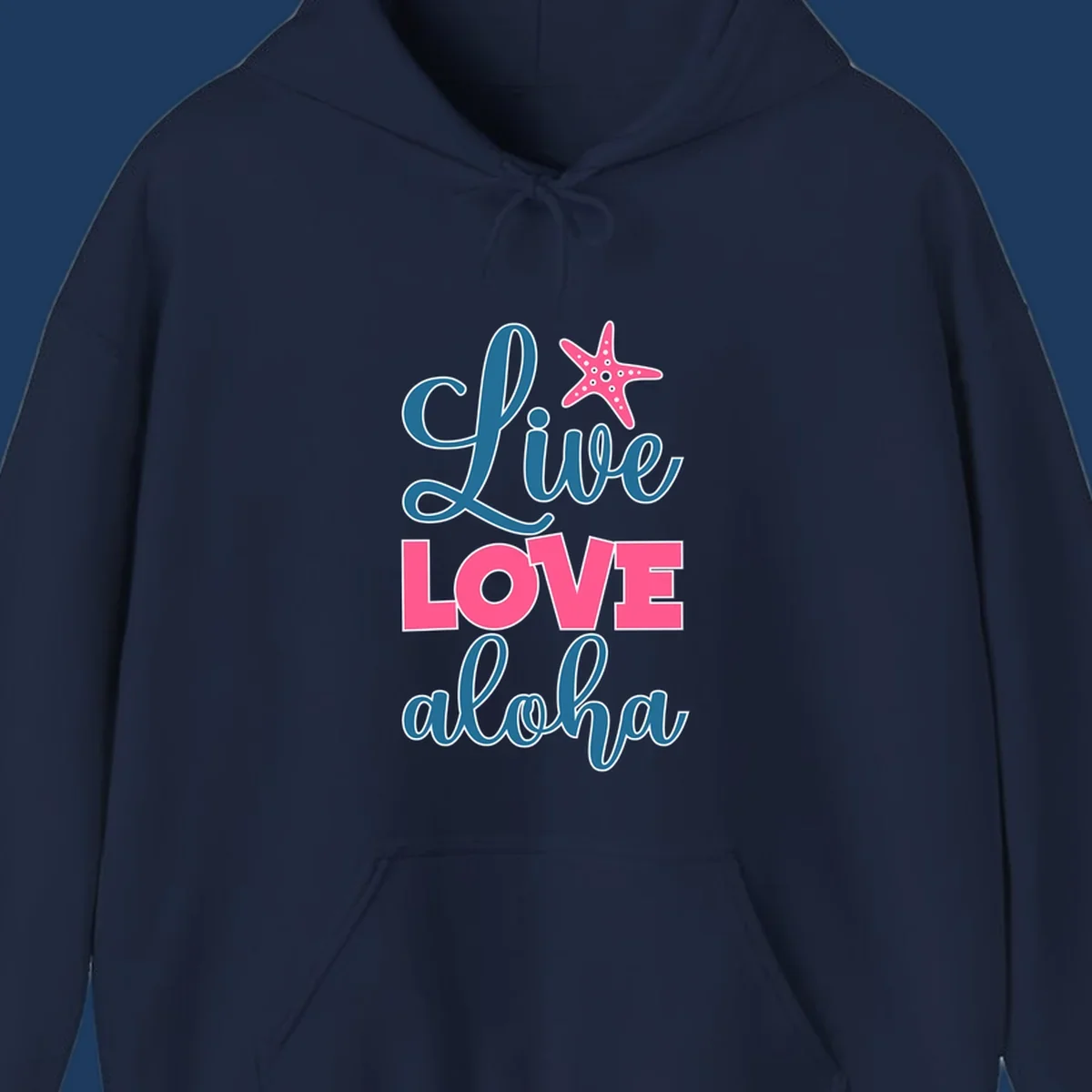 Live Life Aloha design with pink starfish and teal text on gray background, tropical cruise-themed artwork