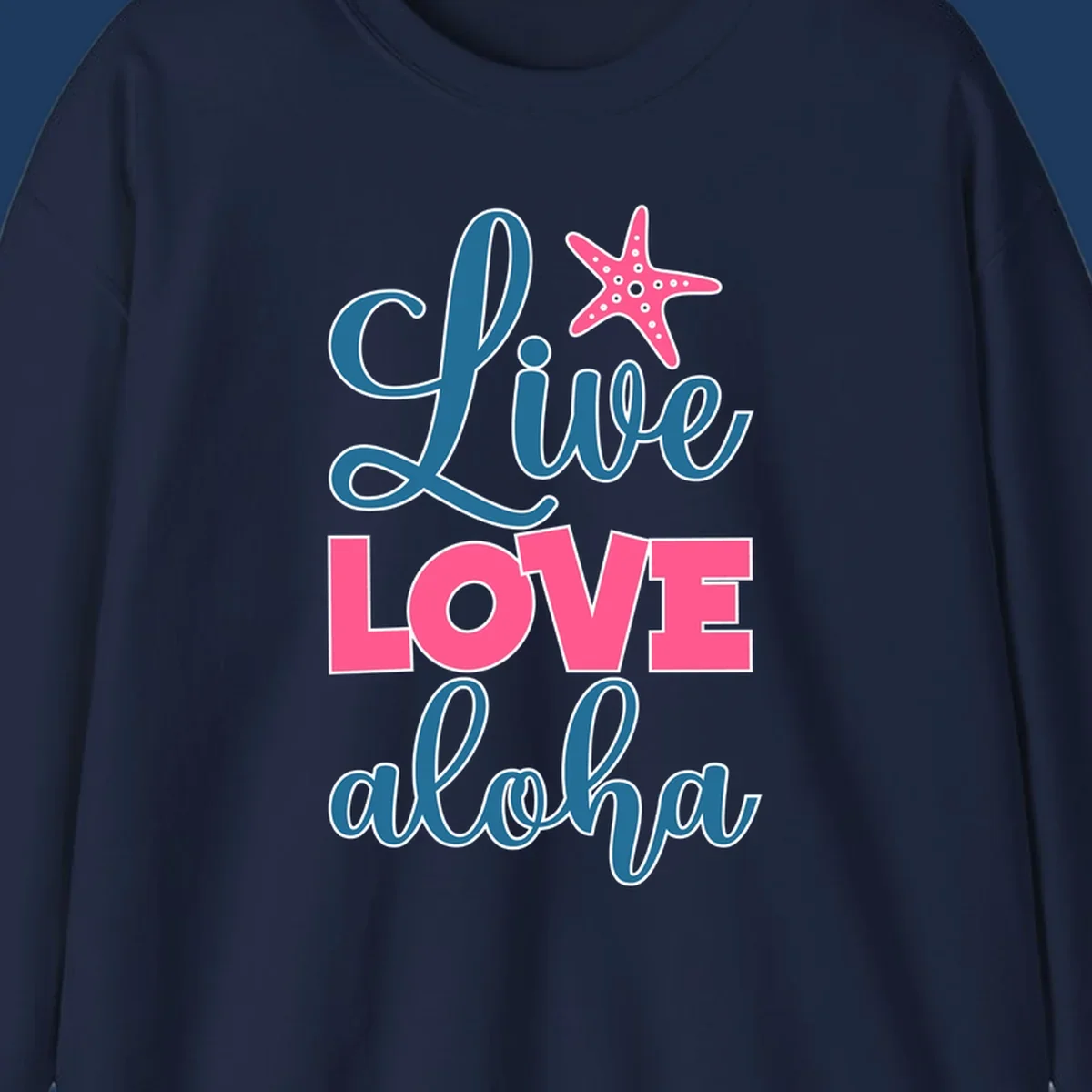Live Life Aloha design with pink starfish and teal text on gray background, tropical cruise-themed artwork