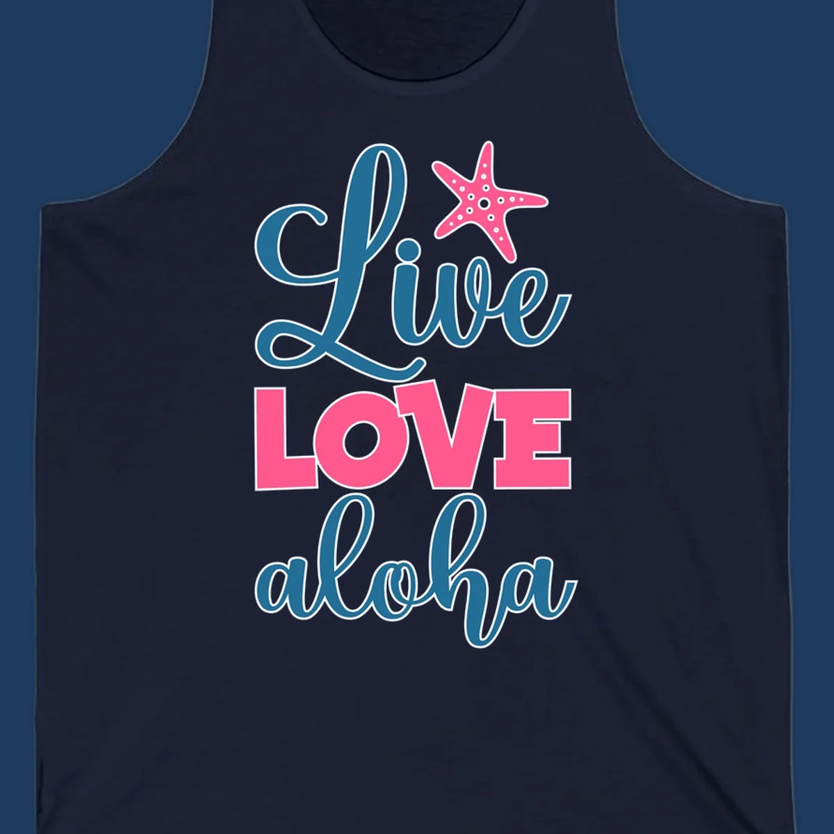 Live Life Aloha design with pink starfish and teal text on gray background, tropical cruise-themed artwork