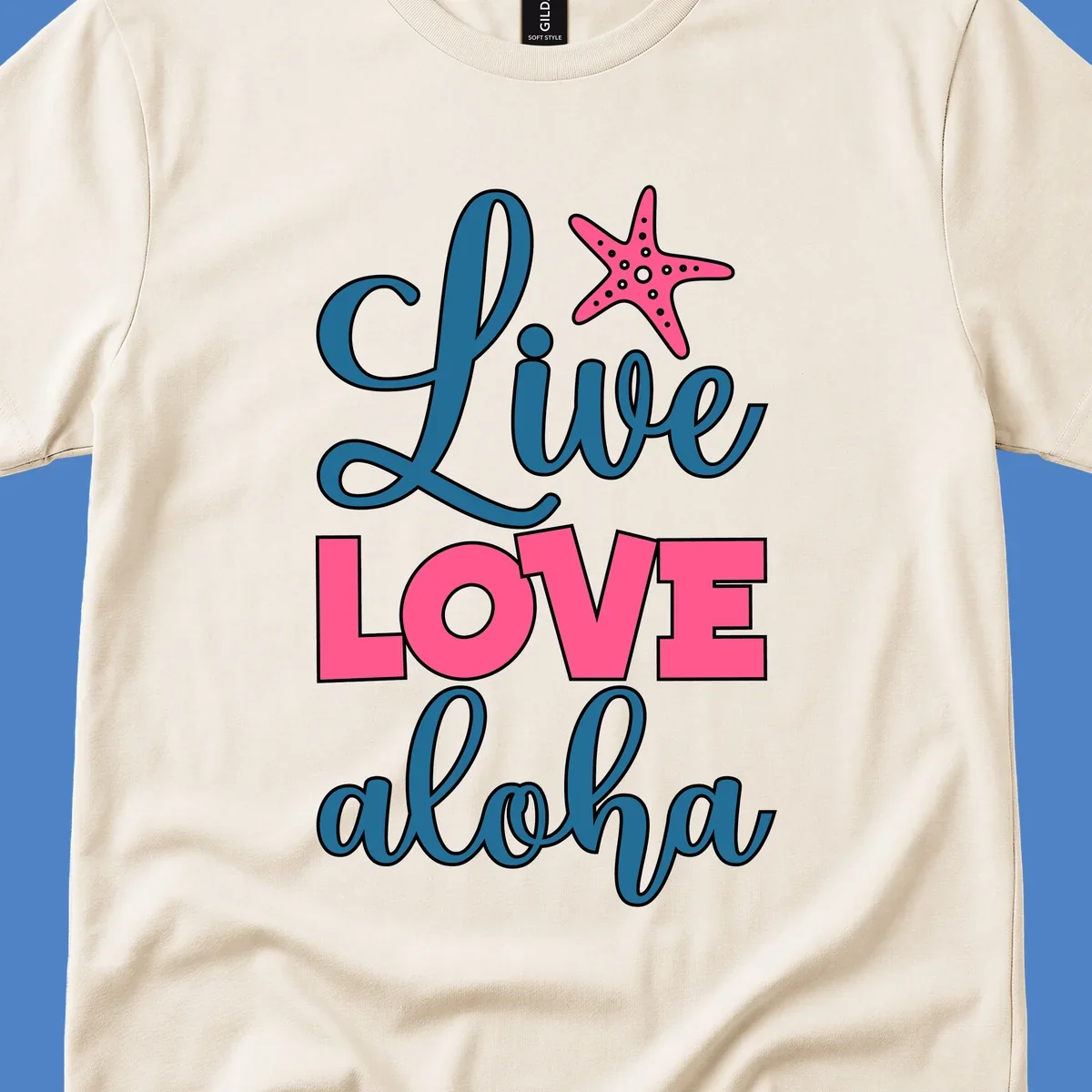 Live Life Aloha design with pink starfish and teal text on gray background, tropical cruise-themed artwork