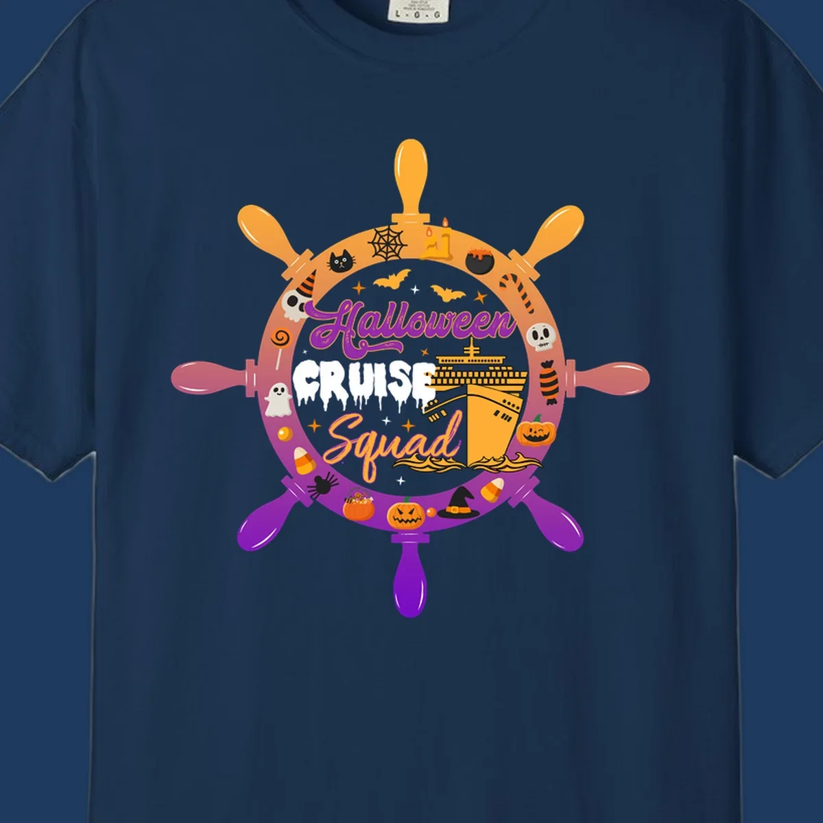 Halloween cruise squad design featuring a ship's wheel with a cruise ship center, surrounded by jack-o-lanterns, ghosts, bats, and spooky Halloween icons