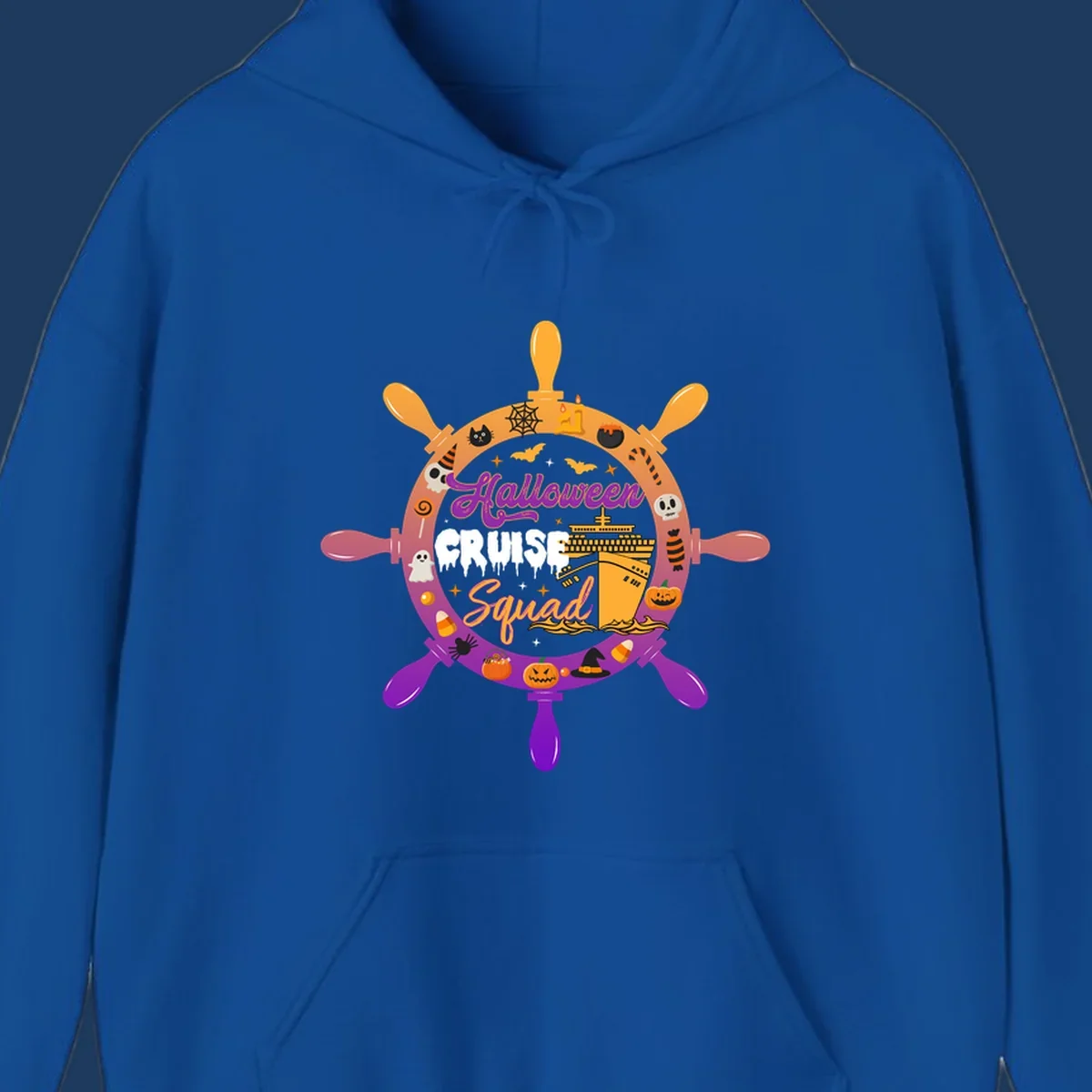 Halloween cruise squad design featuring a ship's wheel with a cruise ship center, surrounded by jack-o-lanterns, ghosts, bats, and spooky Halloween icons