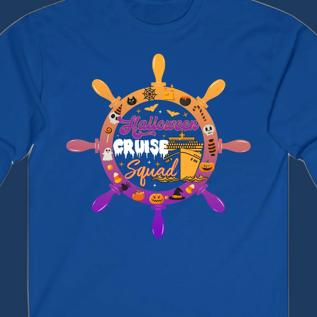 Halloween cruise squad design featuring a ship's wheel with a cruise ship center, surrounded by jack-o-lanterns, ghosts, bats, and spooky Halloween icons