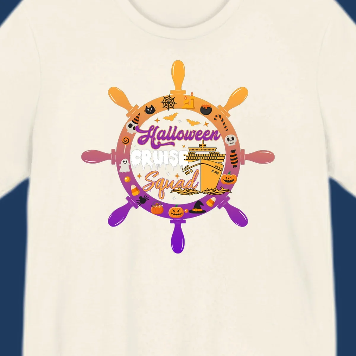 Halloween cruise squad design featuring a ship's wheel with a cruise ship center, surrounded by jack-o-lanterns, ghosts, bats, and spooky Halloween icons
